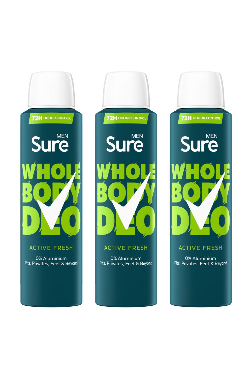 Sure Whole Body 'Deodorant Spray' Active Fresh w/ 72H Odour free 150ml, 3pk image 1