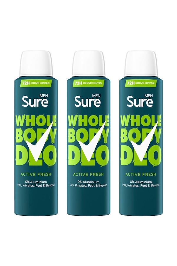 Sure Whole Body 'Deodorant Spray' Active Fresh w/ 72H Odour free 150ml, 3pk