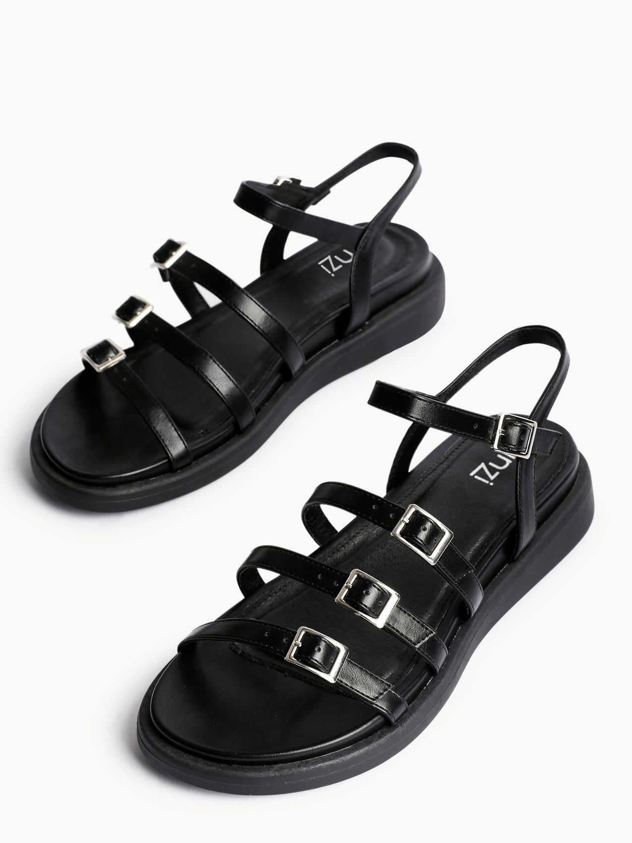 Linzi Twilight Black Faux Leather Triple Buckle Footbed Sandals image 5