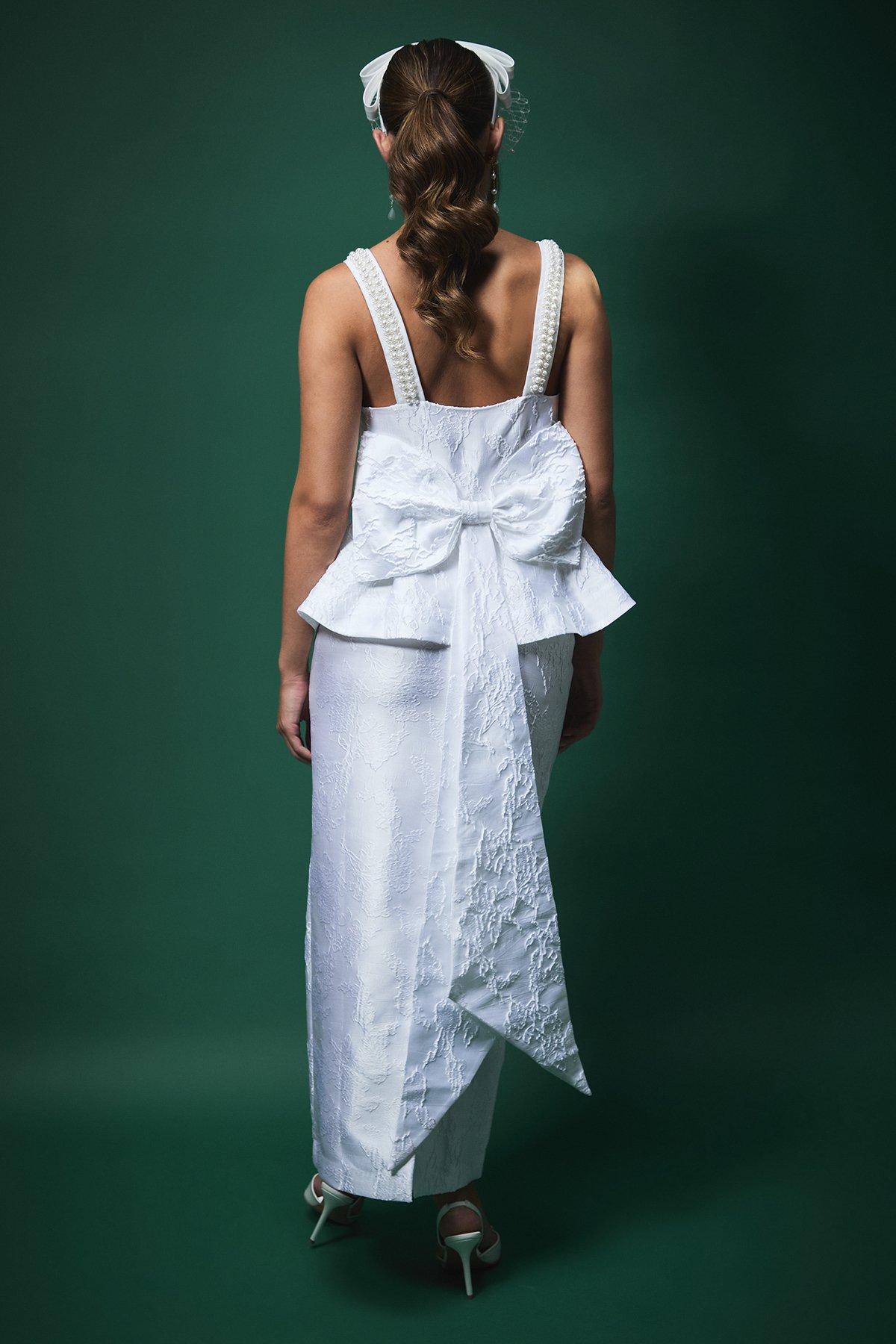 Coast Lisa Tan Pearl Strap Peplum Bridal Top With Statement Bow Detail White image 3