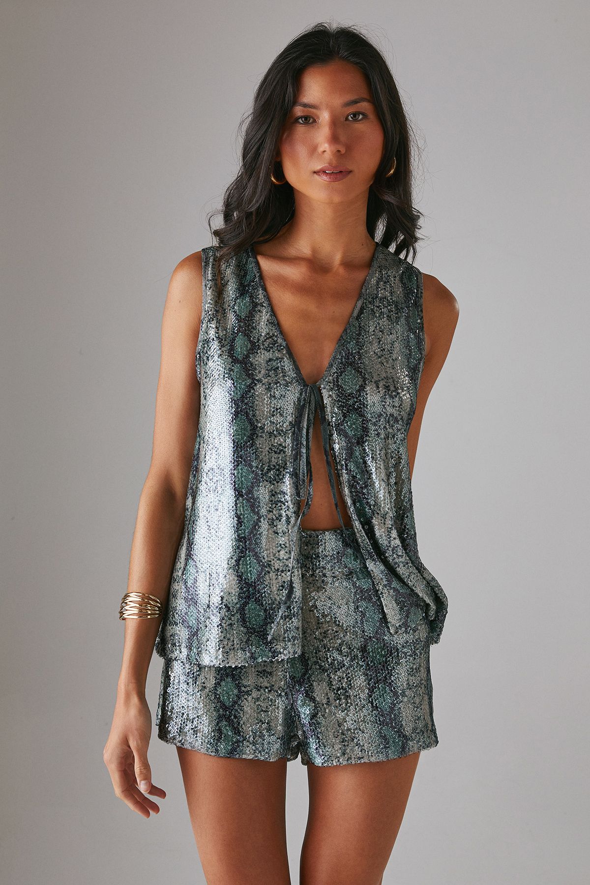 Warehouse Snake Sequin High Waisted Hot Pant Shorts Khaki image 2