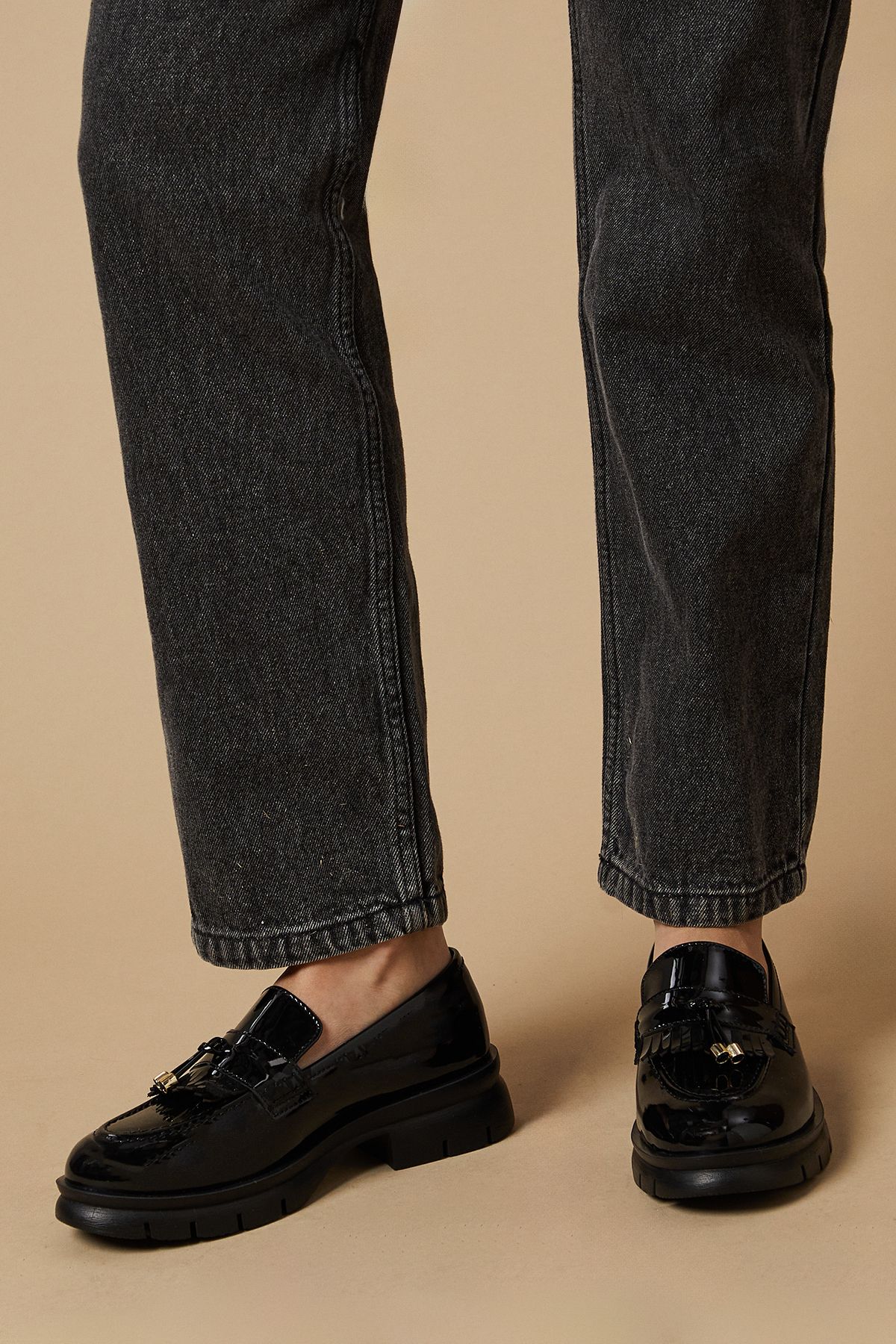 Oasis Brooke Real Leather Tassel Detail Chunky Loafers True Black image 2