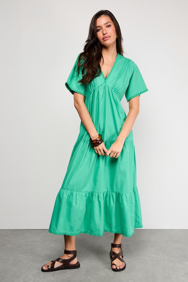 Warehouse Petite Poplin Whipstitch Trim Midi Smock Dress Green