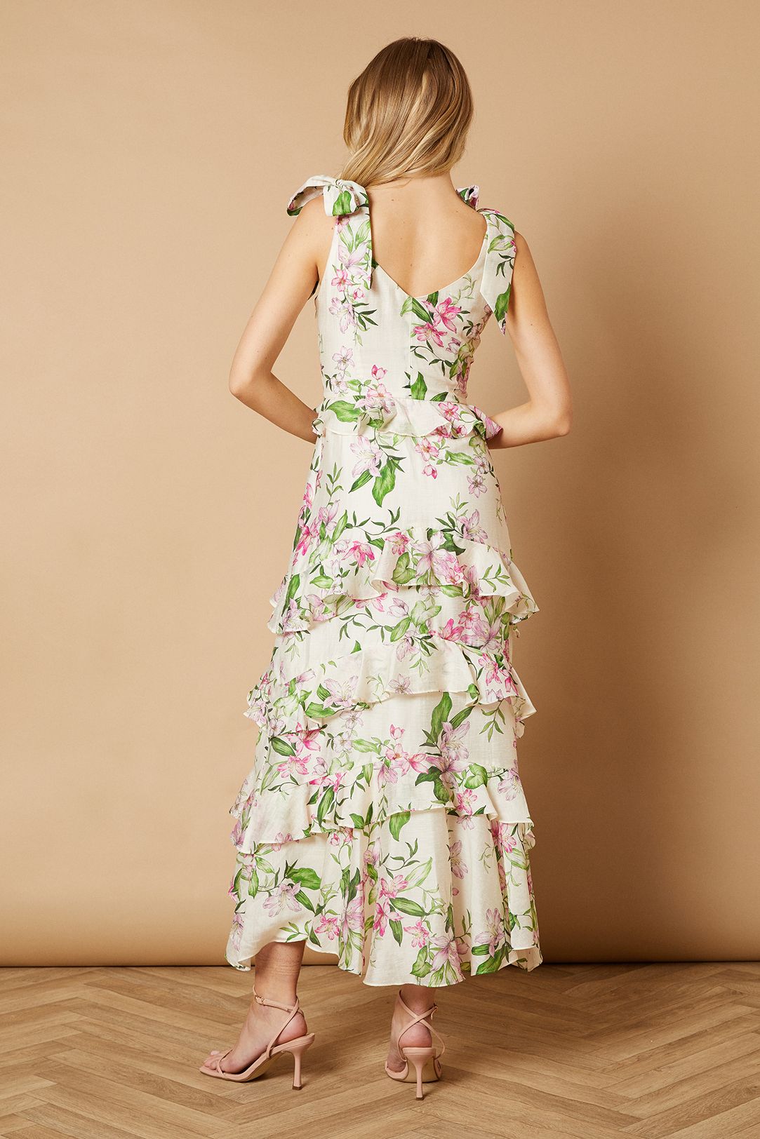 Oasis Floral Printed Tiered Ruffle Tie Shoulder Midi Dress Ivory image 3