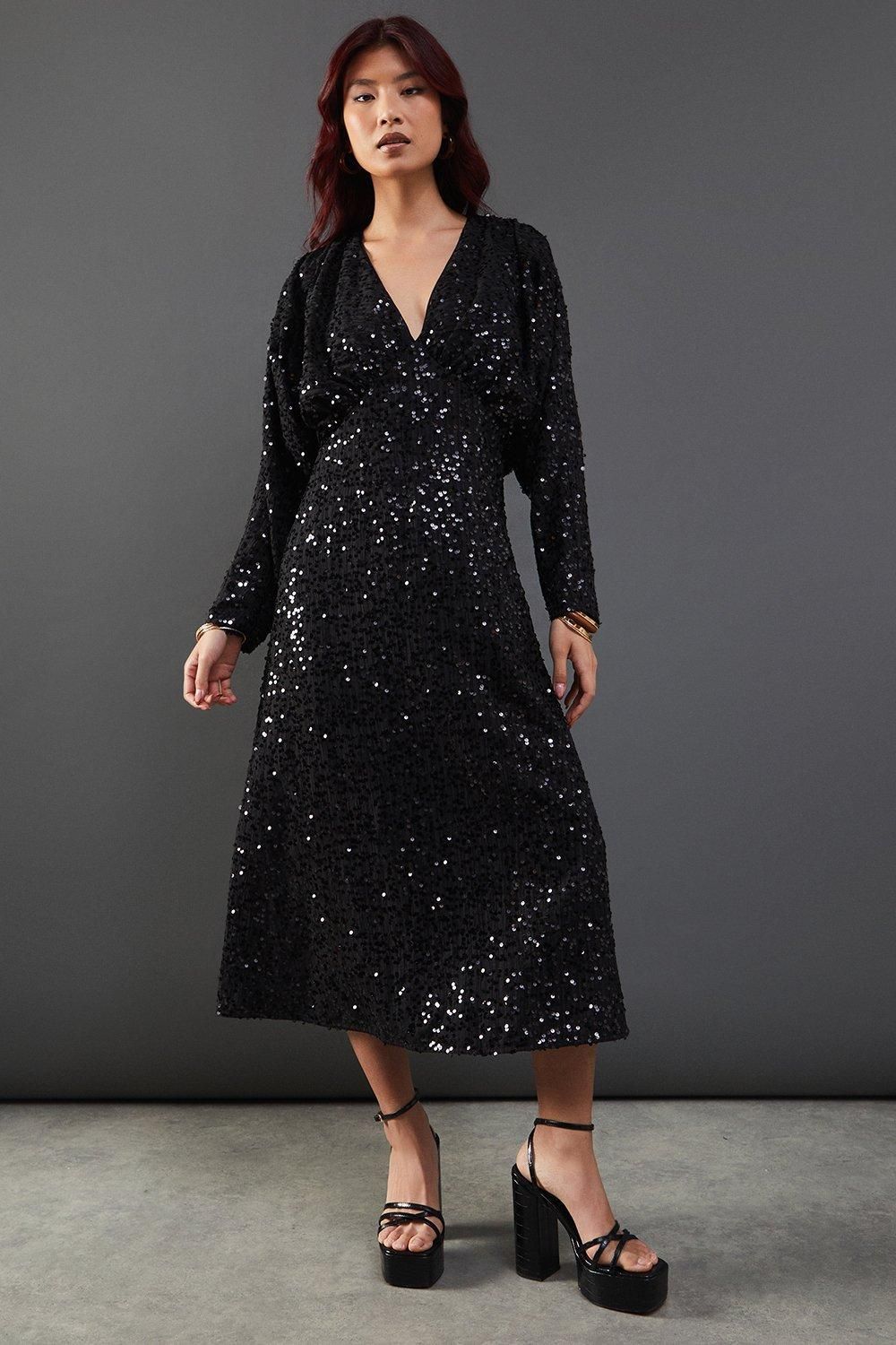 Warehouse Sequin Crinkle Batwing Plunge Neck Midi Dress Black image 1