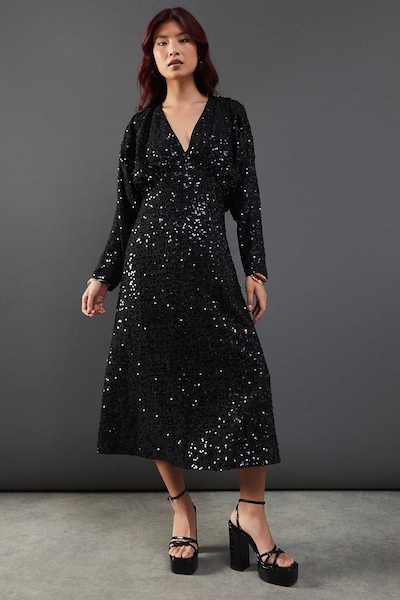Warehouse Sequin Crinkle Batwing Plunge Neck Midi Dress Black