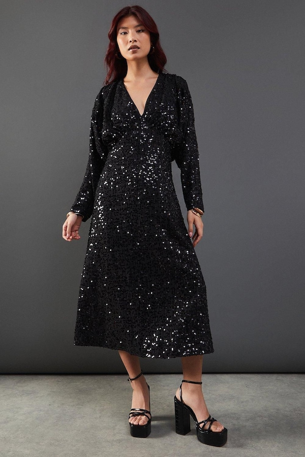 Warehouse Sequin Crinkle Batwing Plunge Neck Midi Dress Black