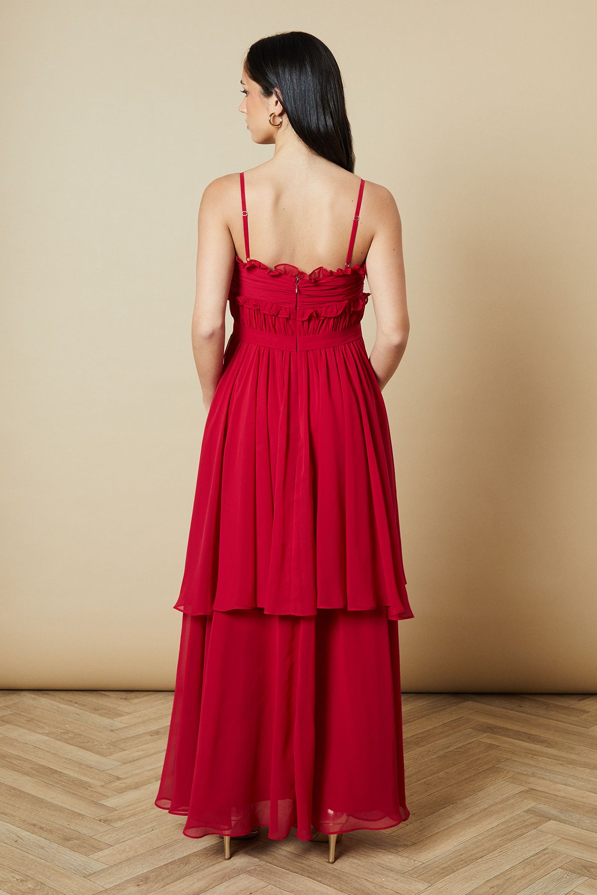 Oasis Strappy Scallop Bust Tiered Midi Dress Red image 3