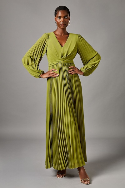 Coast Pleated Wrap Front Dress Olive