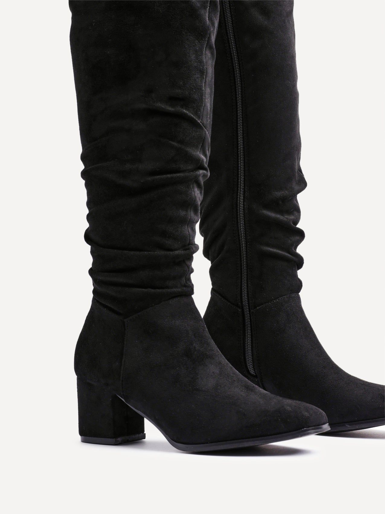 Linzi Margot Black Faux Suede Knee High Block Heeled Ruched Boot image 4