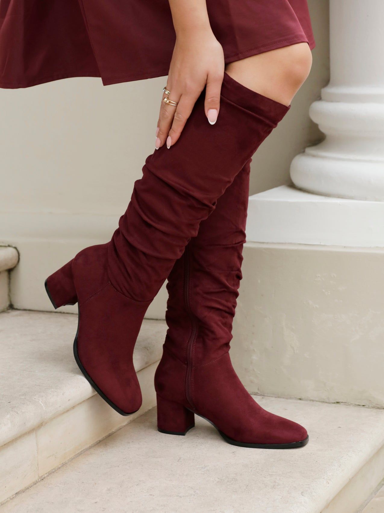 Linzi Margot Burgundy Faux Suede Knee High Block Heeled Ruched Boot image 6
