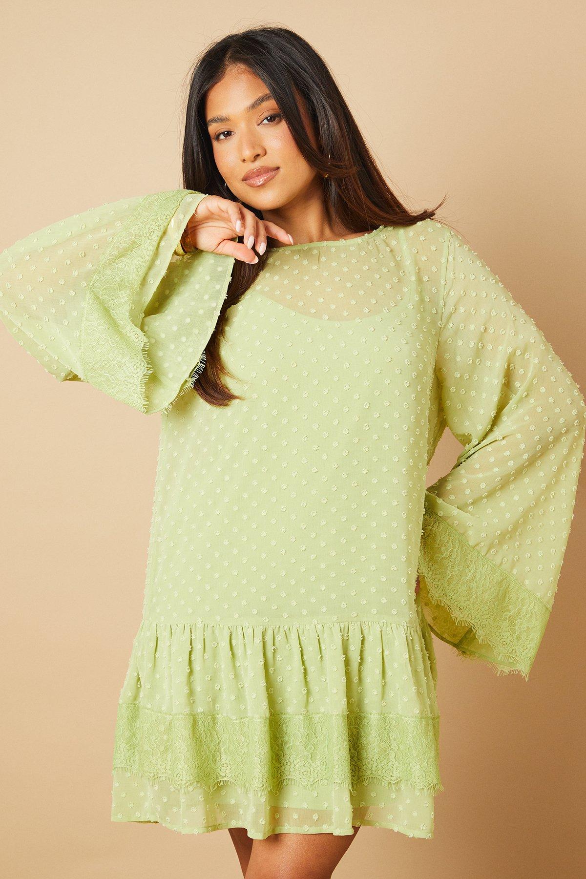 Oasis Petite Bell Sleeve Tiered Mini Dress Green image 2