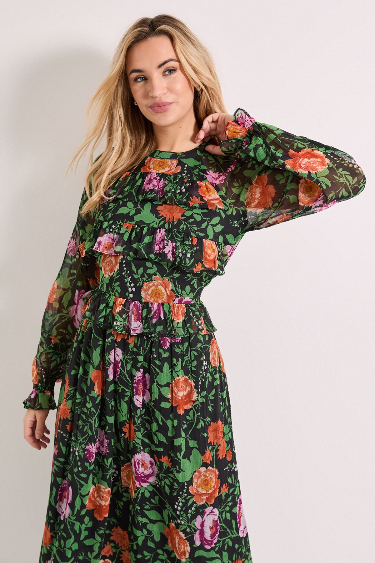 Dorothy Perkins High Neck Frill Detail Printed Chiffon Midi Dress Black image 2