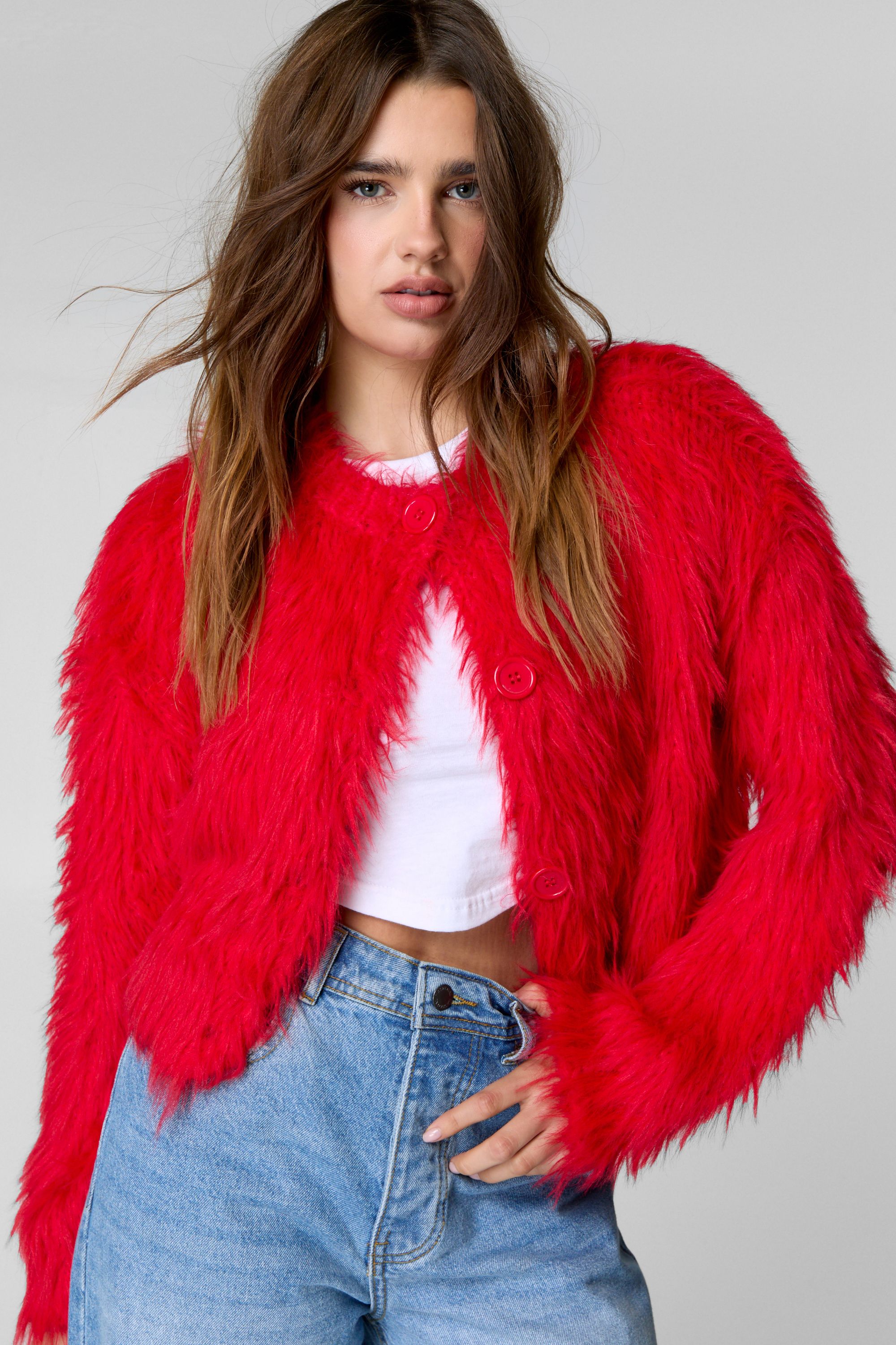 NastyGal Shaggy Cropped Cardigan Light Red image 1