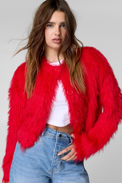 NastyGal Shaggy Cropped Cardigan Light Red