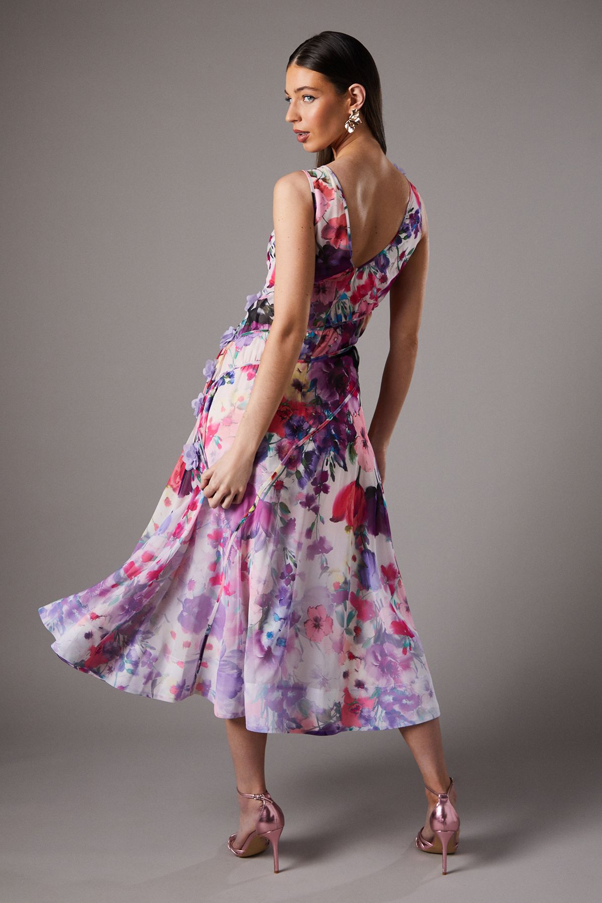 Coast 3d Flower Sleeveless Midi Dress Pink image 3