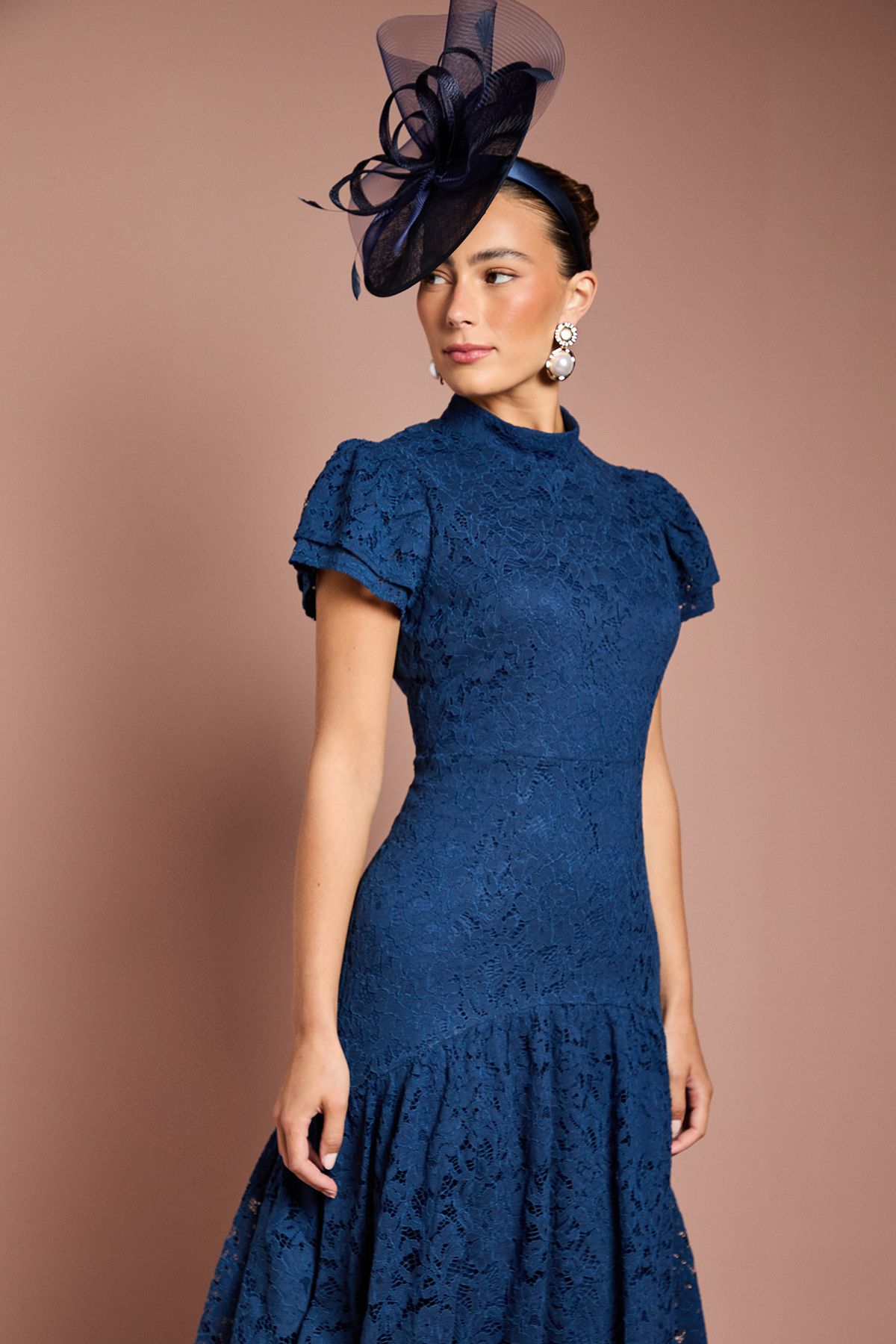 Coast Lace Frill Sleeve High Neck Midi Dress Navy image 2