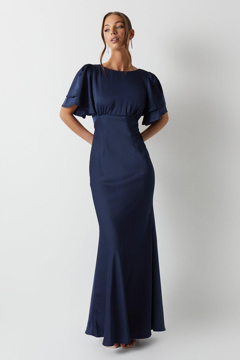 Coast Coast Honoured Satin Back Crepe High Neck Short Sleeve Maxi Bridesmaid Dress Navy image 1