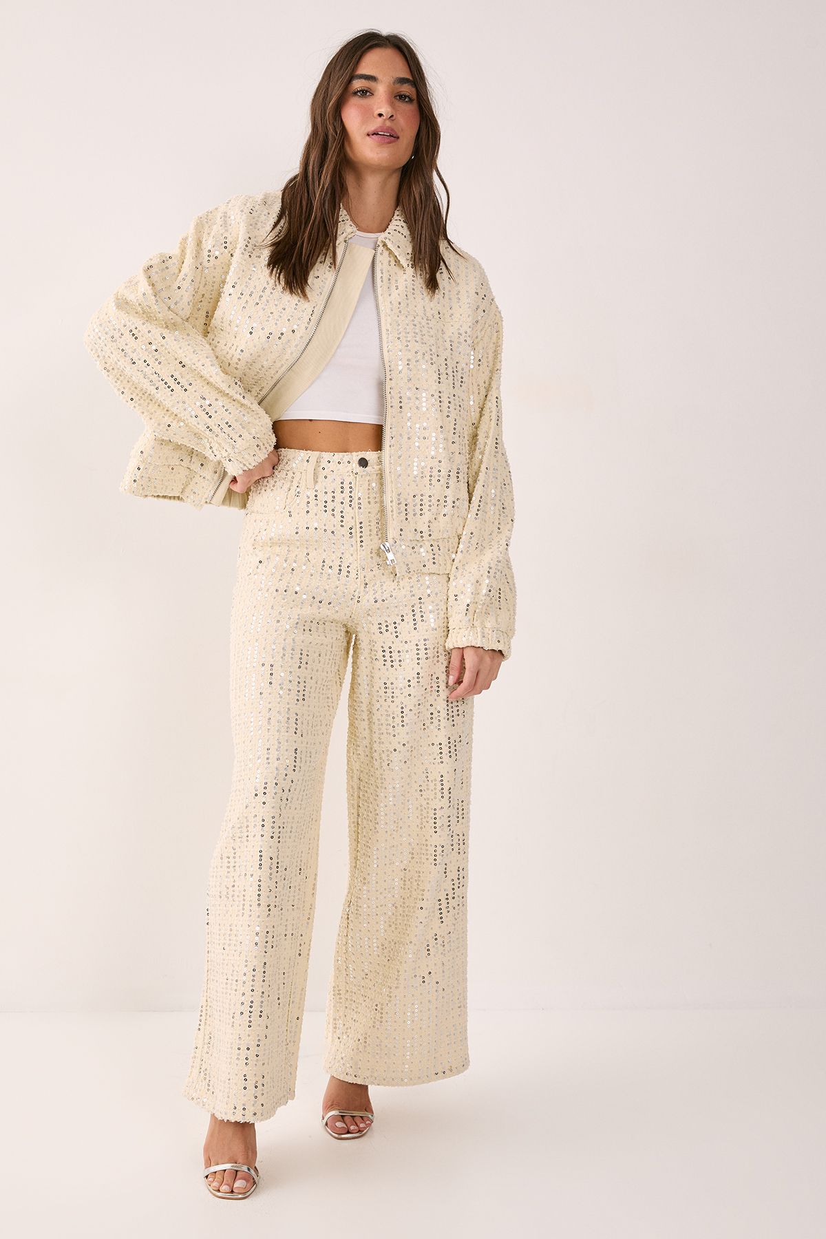 NastyGal Denim Sequin Wide Leg Jeans Ecru image 1