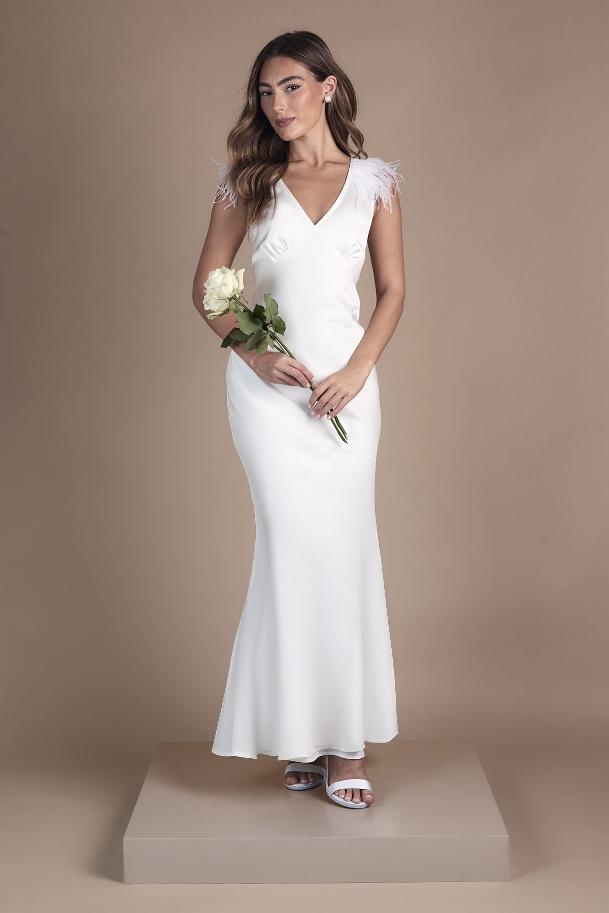Coast Feather Shoulder Detail V Neck Satin Wedding Dress Ivory image 1