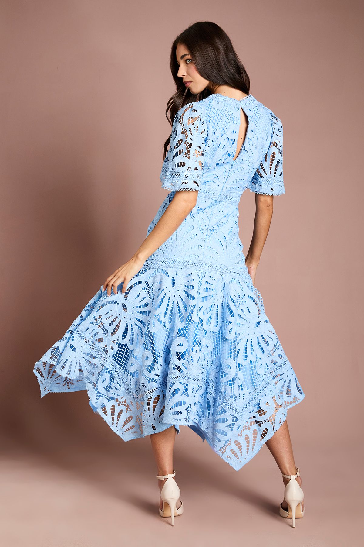 Coast Placement Lace Hanky Hem Dress Blue image 3