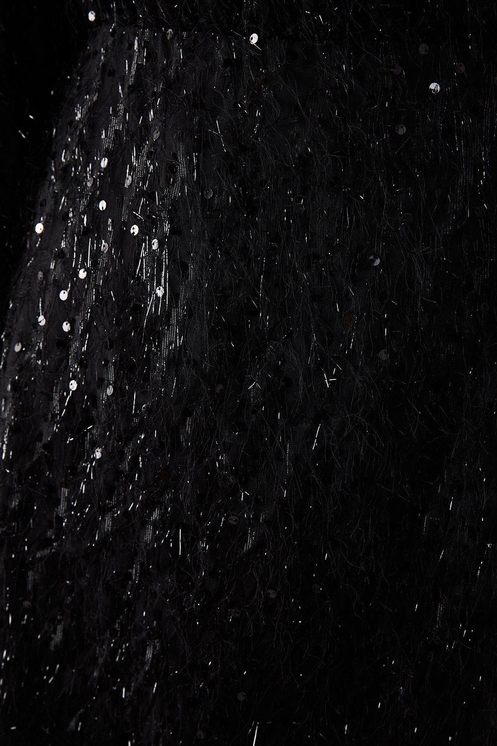 Warehouse Fluffy Sequin Wrap Front Mini Dress Black image 5