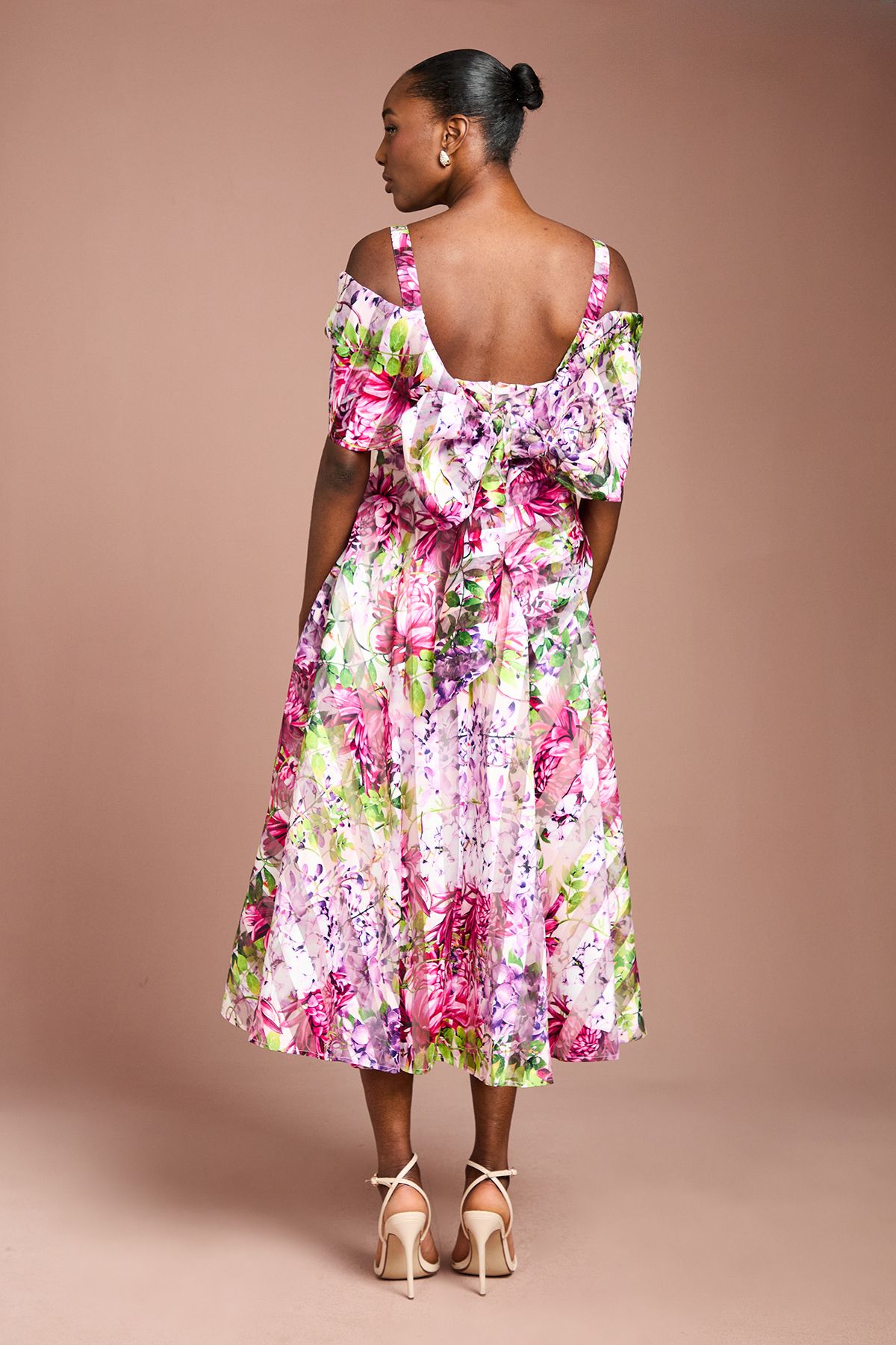 Coast Lisa Tan Printed Organza Bardot Midi Dress Pink image 3