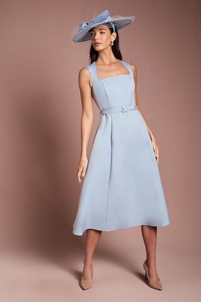 Coast Lisa Tan Tailored Crepe Midi Dress Light Blue