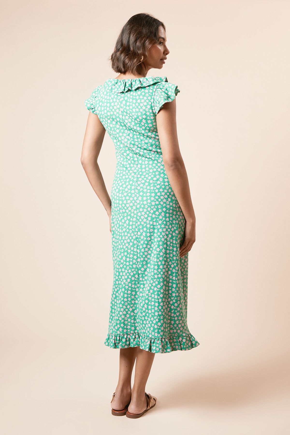 Dorothy Perkins Green Ditsy Frill Neck Ruched Front Jersey Midi Dress Green image 4