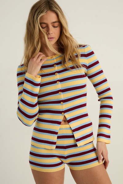 NastyGal Stripe Knitted Button Up Top Yellow