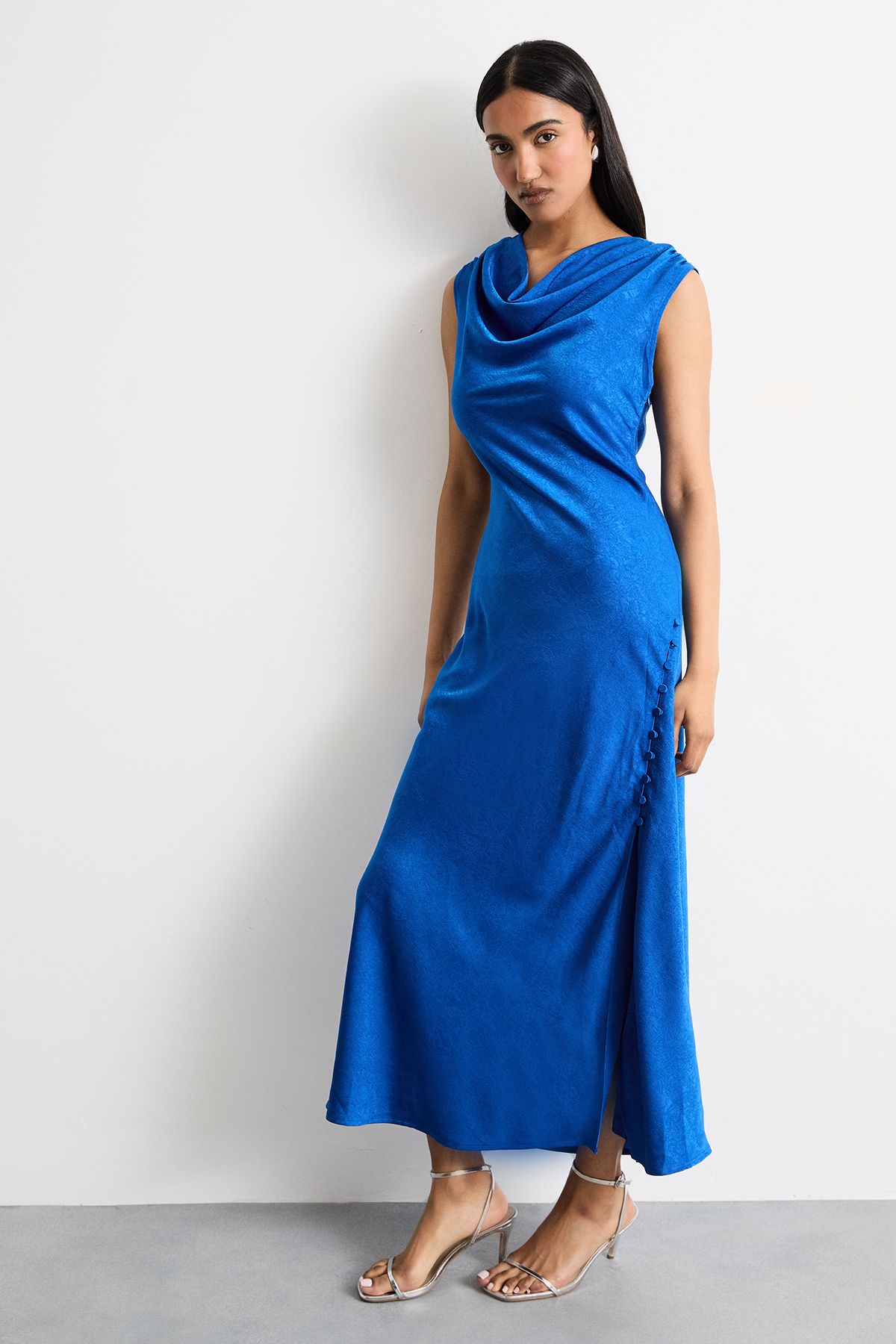 Warehouse Cowl Bias Satin Dress With Button Detail Cobalt image 2