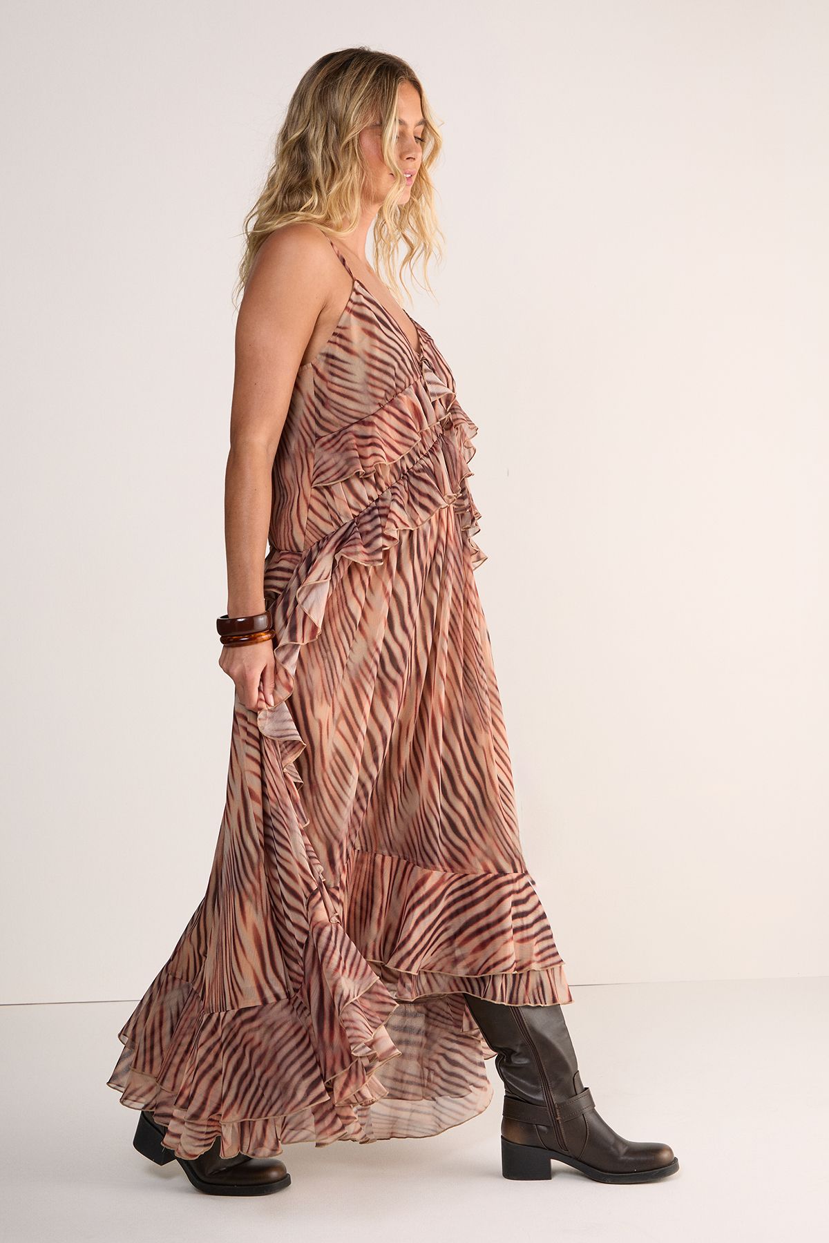 NastyGal Zebra Ruffle Tie Front Maxi Dress Beige image 2