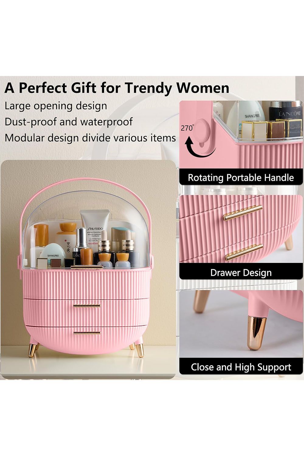 SHEONLY Cosmetic Makeup Storage Organiser Skincare Display Box Case With Portable Handle image 3