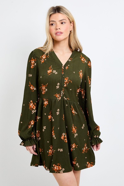 Dorothy Perkins Petite Floral Button Detail Blouson Sleeve Jersey Mini Dress Floral