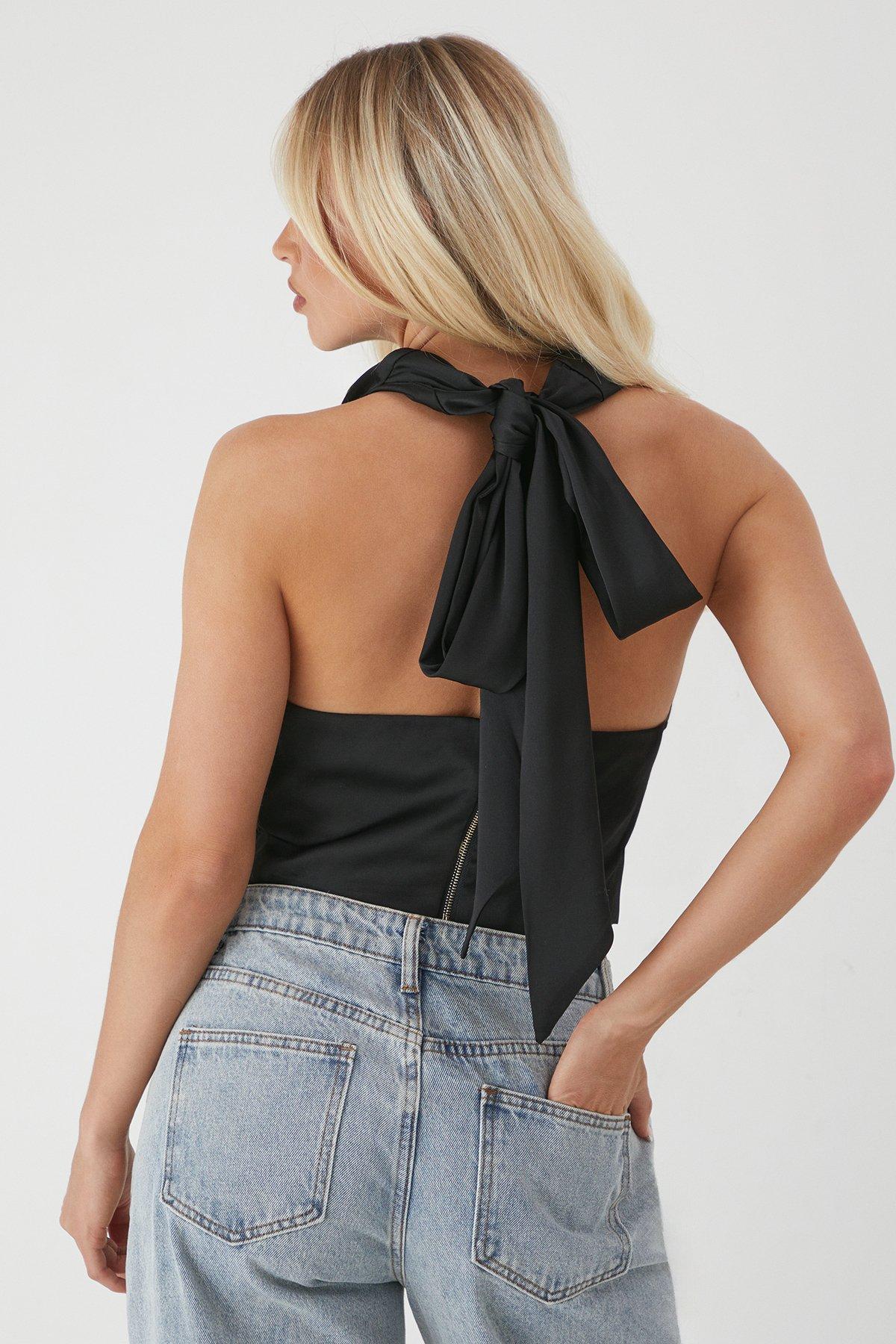 MissPap Satin Plunge Neck Top Black image 3