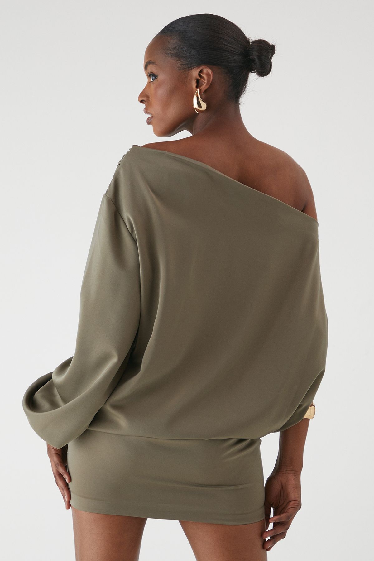 MissPap One Shoulder Satin Mini Dress Khaki image 3