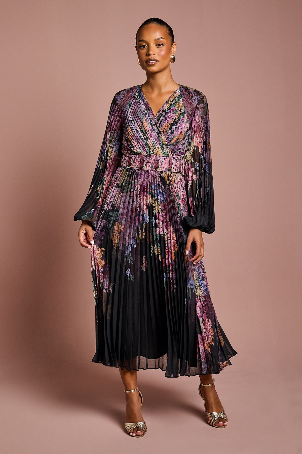 Coast Petite Placement Print Long Sleeve Chiffon Pleated Wrap Dress Black image 1