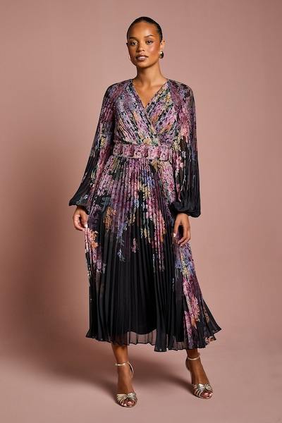 Coast Petite Placement Print Long Sleeve Chiffon Pleated Wrap Dress Black