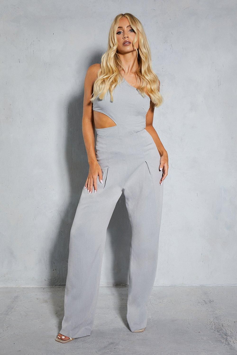 MissPap Linen Look Asymmetric Cut Out Side Top Slate Grey image 2