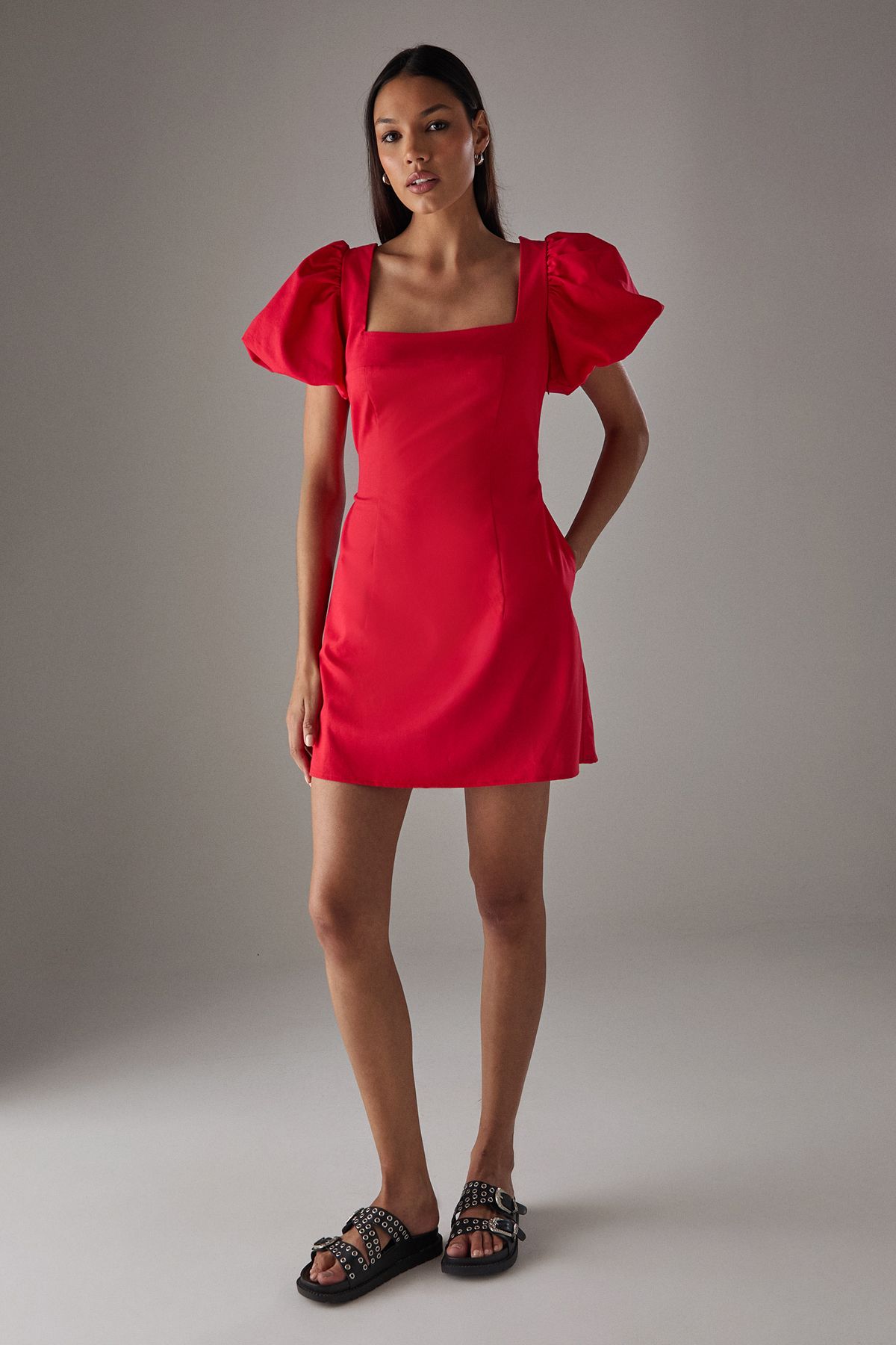 Warehouse HCD Linen Square Neck Puff Sleeve Mini Dress Red image 2