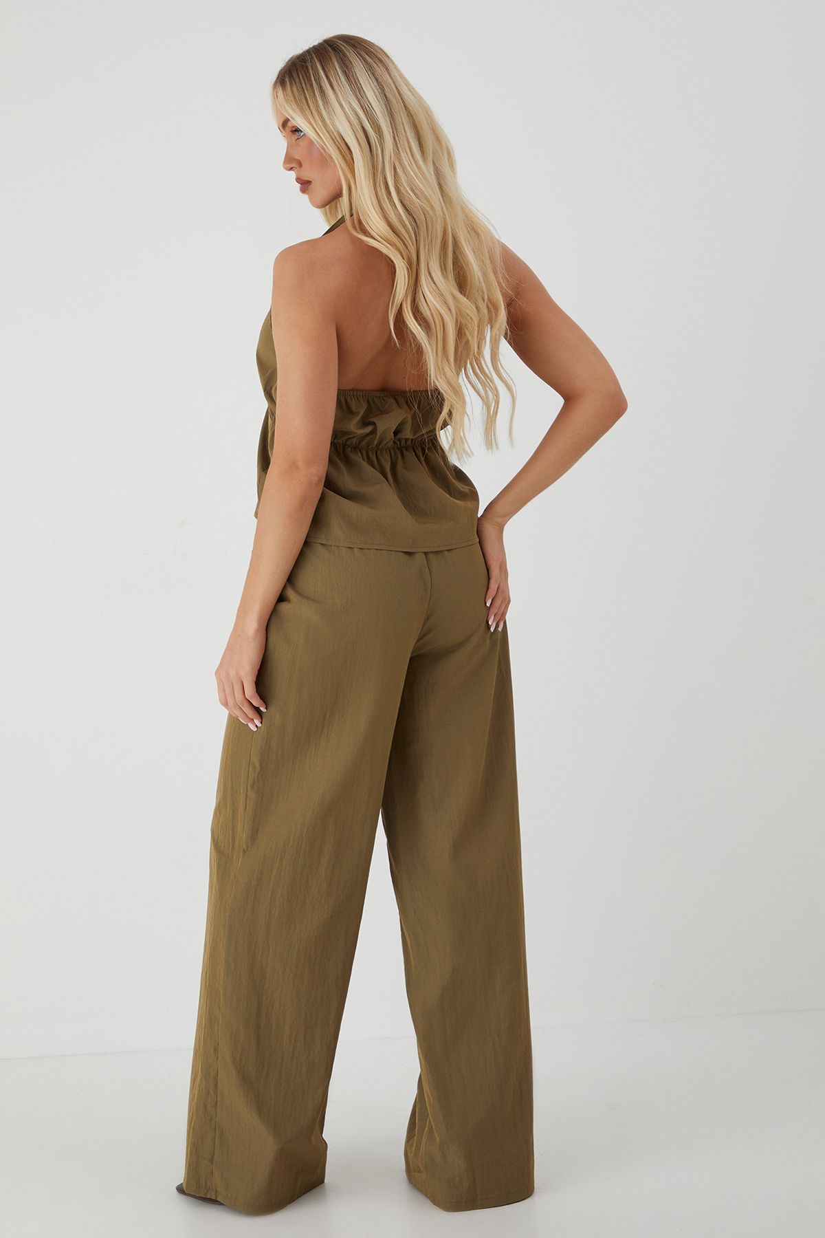 MissPap Halter Neck Crinkle Tie Top & Trouser Co-Ord Khaki image 3