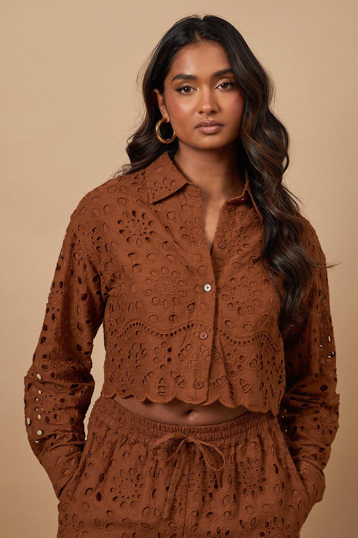 Oasis Broderie Cropped Long Sleeve Shirt Tobacco image 1