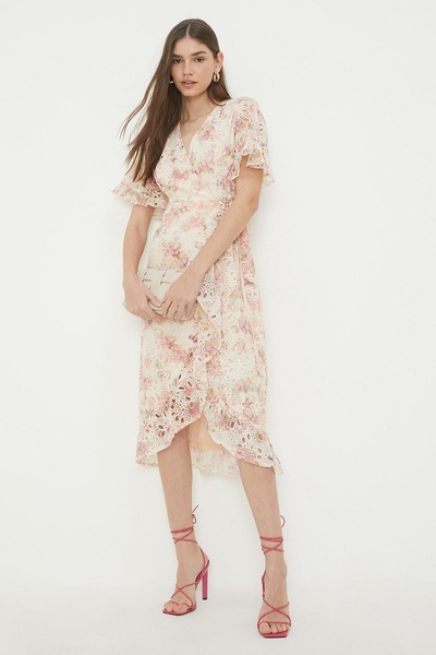 Dorothy Perkins Cutwork Chiffon Ruffle Wrap Midi Dress Pink