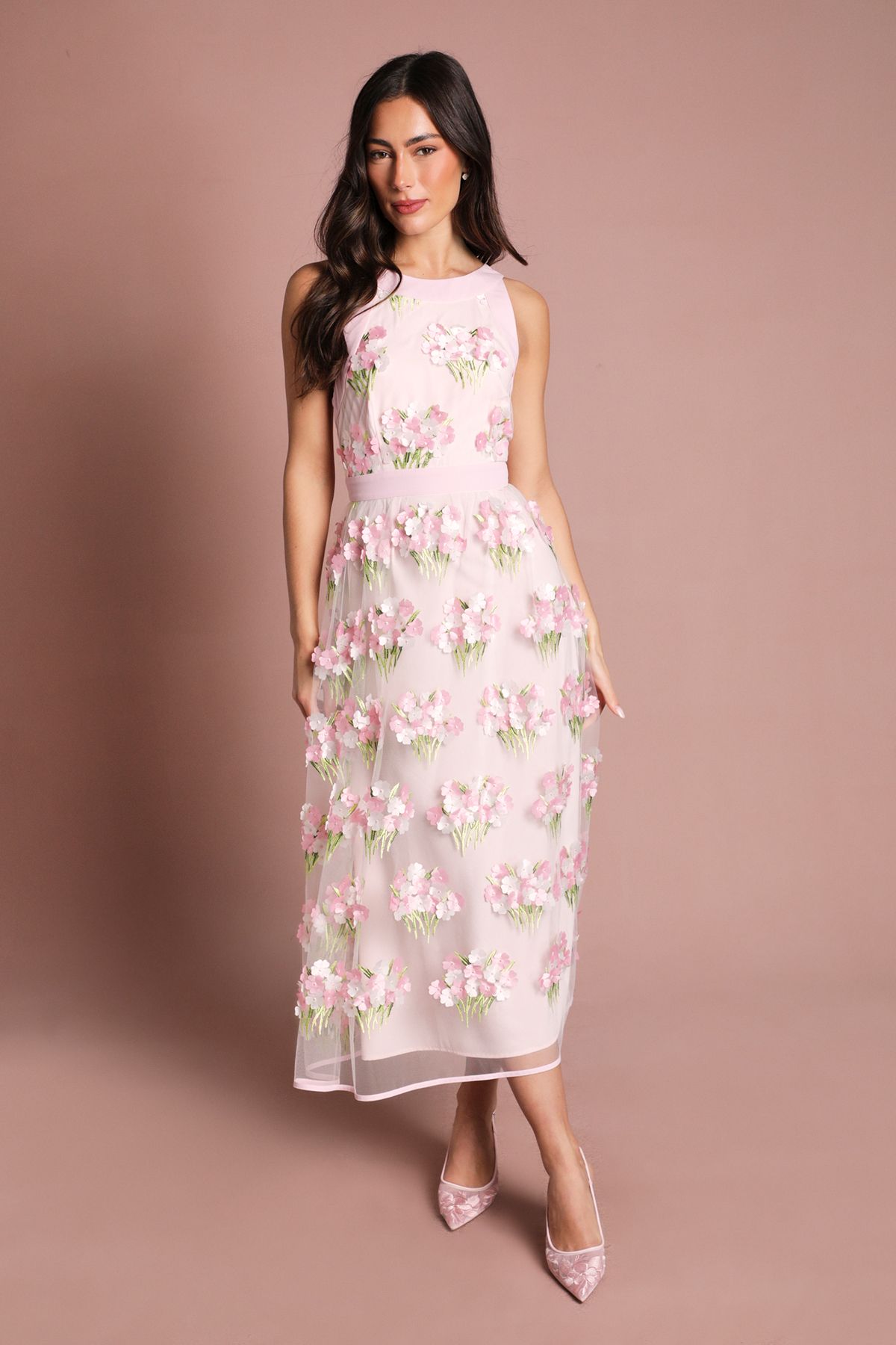 Coast Coast Muse Racer Neck Embroidered Mesh Midi Dress Pink