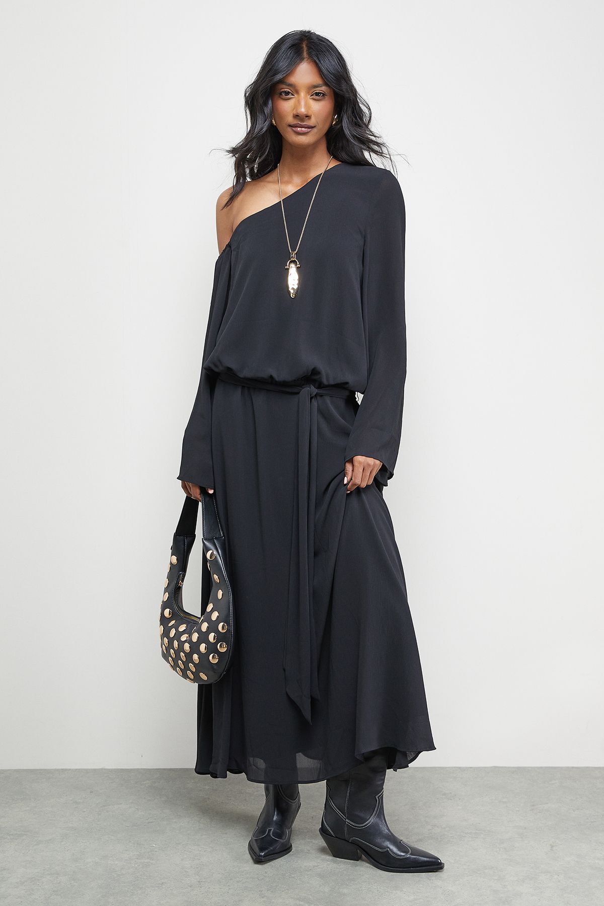 Warehouse Crinkle Chiffon One Shoulder Drop Waist Black image 1