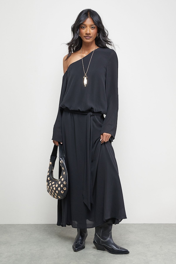 Warehouse Crinkle Chiffon One Shoulder Drop Waist Black