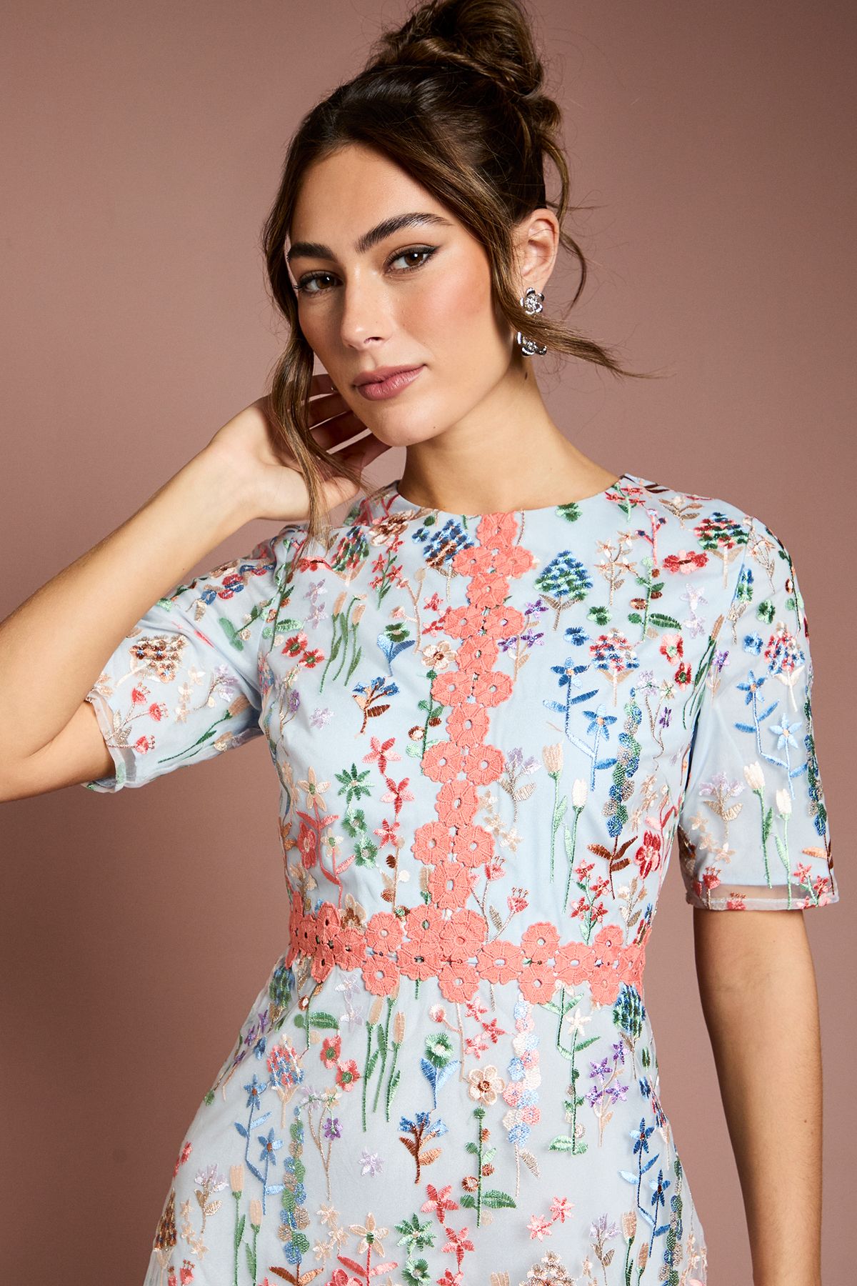 Coast Embroidered Floral With Laid On Lace Midi Dress Light Blue image 4