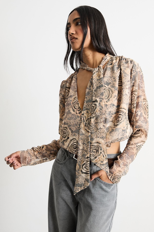 Warehouse Burnout Chiffon Printed Extreme Shoulder Blouse Brown