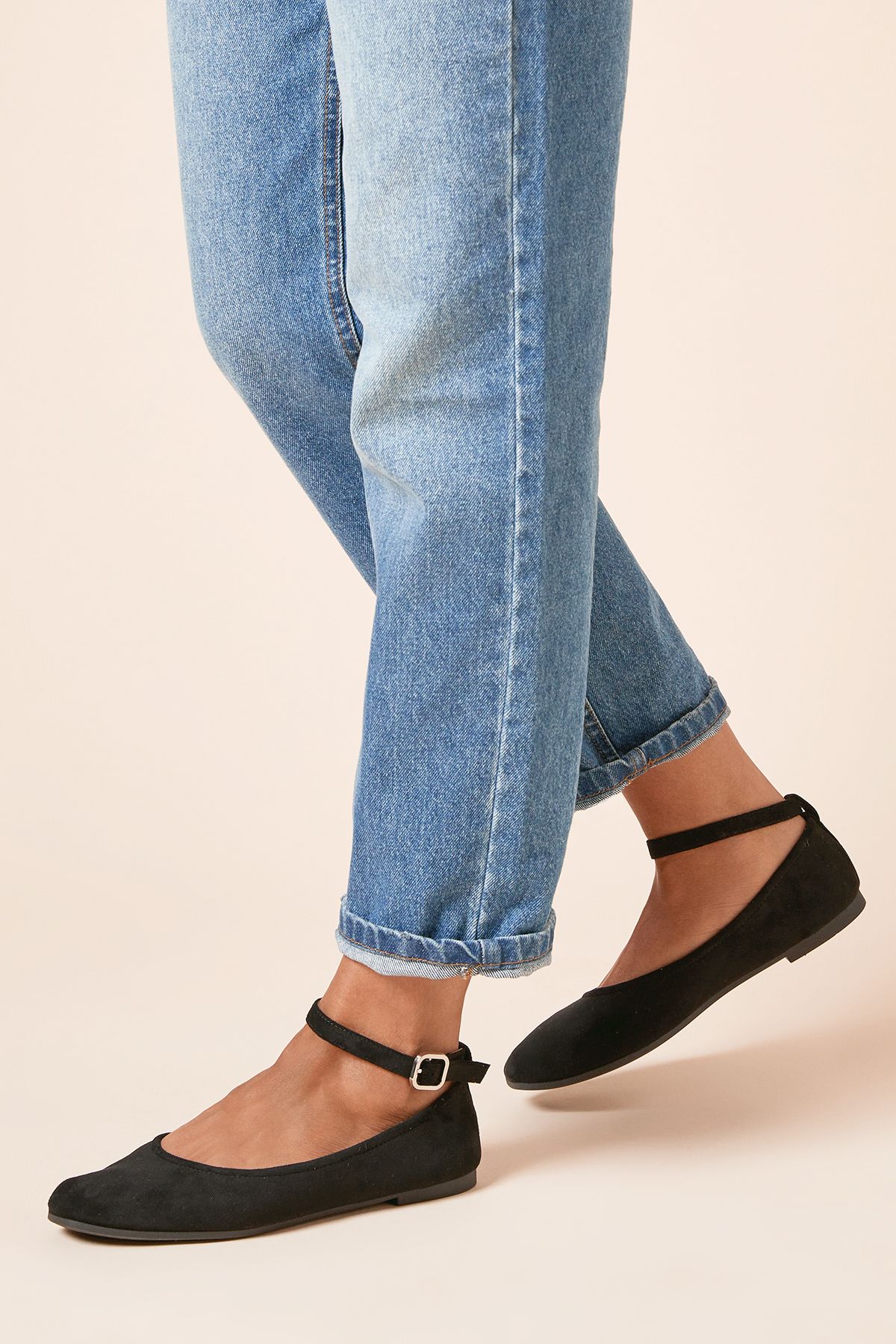 Dorothy Perkins Paula Faux Suede Square Toe Ankle Strap Ballet Pumps Natural Black image 1