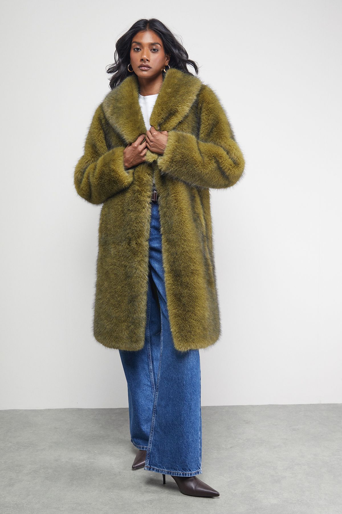 Warehouse Two Tone Luxe Faux Fur Coat Green image 1
